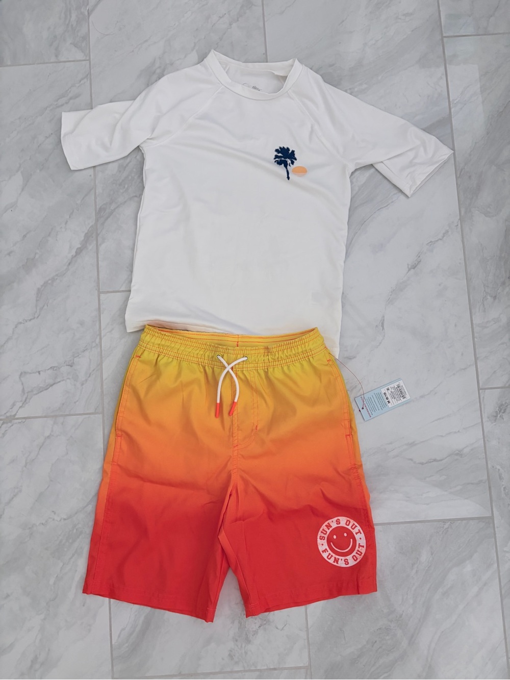Cat & Jack White Rash Guard with Yellow-Orange Swim Shorts